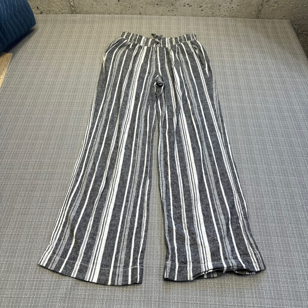 Coastal Linen Blend Wide Leg Pants Small Striped Euro Summer‎ Relaxed Vacation
